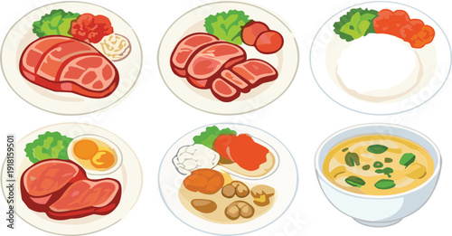 Delicious meat dishes and soup collection with vegetables healthy food cartoon vector illustration isolated set