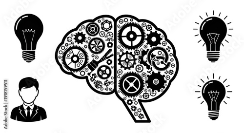 Human brain composed of gears next to light bulbs and business person