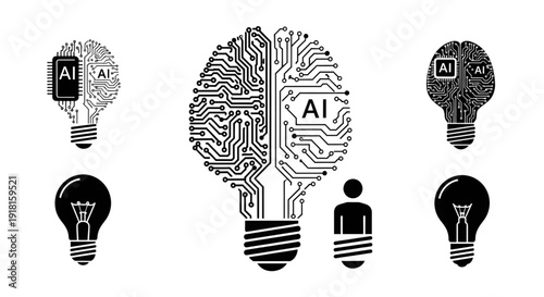 Artificial intelligence concepts represented by light bulbs and brain circuits
