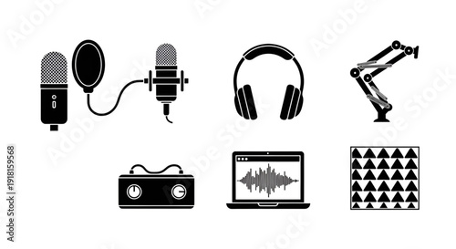 Podcast recording and professional audio studio flat vector icons