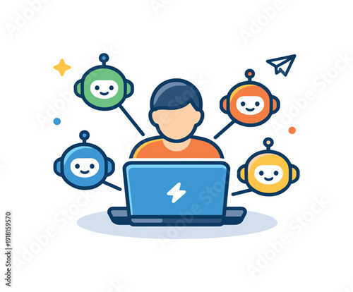 One person companies and solo founders leveraging AI to replace teams and accelerate growth, a compact workspace icon with a laptop and several small