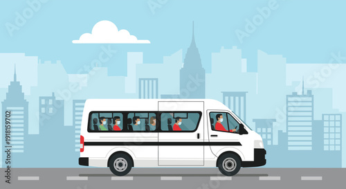 White passenger van illustration driving through city with commuters urban transportation flat vector