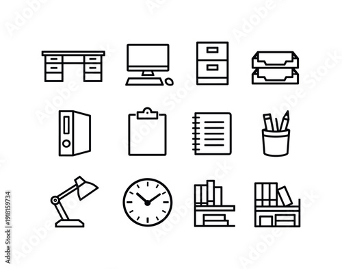 Payment solutions administration workspace in linear style: office desk, desktop computer, desk phone, filing cabinet, document tray, binder