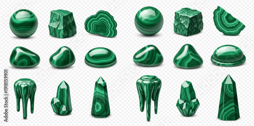 Set of malachite stones with different shapes and textures, isolated on a transparent background.