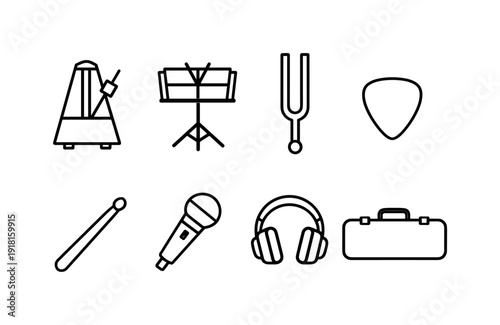 Music practice equipment: metronome, music stand, tuning fork, guitar pick, drumstick, microphone, headphones, instrument case