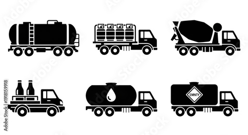 Various cargo trucks: tank, gas, cement mixer, beer, oil, and chemical