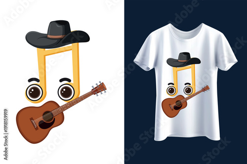 Eighth note character playing acoustic guitar wearing cowboy hat, Country music mascot illustration, Musical note cartoon in western style, Vector sticker design