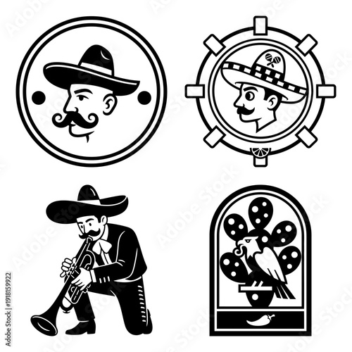 Cinco de Mayo Badge Set with Trumpeter Sombrero Profile and Chili Emblem