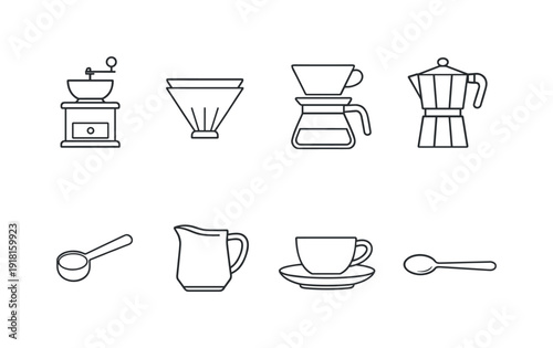 Home coffee accessories: coffee grinder, coffee filter, drip brewer, moka pot, coffee scoop, milk pitcher, cup saucer, spoon