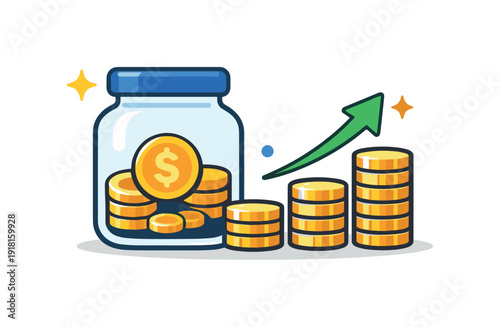 Personal savings growth and long-term financial confidence for everyday life, a simple savings jar paired with stacked coins and a small upward arrow