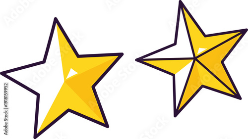 Yellow star icon set with glossy geometric style, five pointed shapes, cartoon vector illustration, rating symbol, isolated on white background, modern design