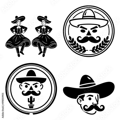 Cinco de Mayo Emblem Icon Bundle with Sombrero Cactus and Tequila Elements