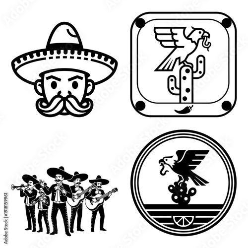 Cinco de Mayo Icon Pack with Sombrero Face Mariachi Band and Eagle