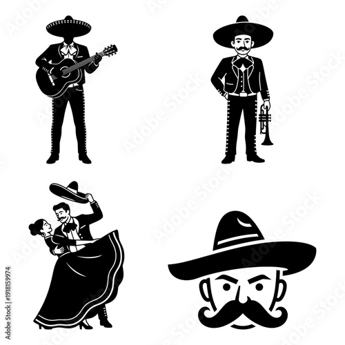 Cinco de Mayo Icon Set with Mariachi Musicians and Folk Dance