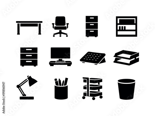 Home workspace organization: desk, office chair, filing cabinet, bookshelf, drawer unit, desk lamp, monitor stand, footrest, document tray, pen holder