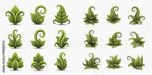 Set of fantasy green plants and leaves with swirling tendrils and organic shapes.