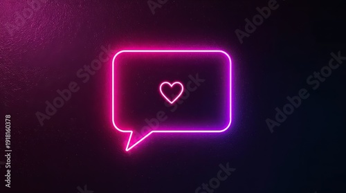 a surreal and vibrant cinematic photo of a speech bubble with a small heart inside, featuring soft neon pink on the left that fades smoothly into neon purple on the right, rendered in consistent