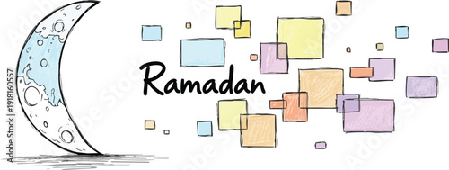 Hand drawn crescent moon with pastel colored squares and handwritten ramadan lettering on white background minimal festive religious celebration vector art