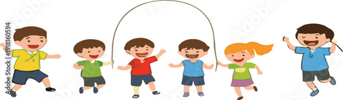 Happy cartoon children jumping rope together playful kids activity friendship vector illustration isolated design collection