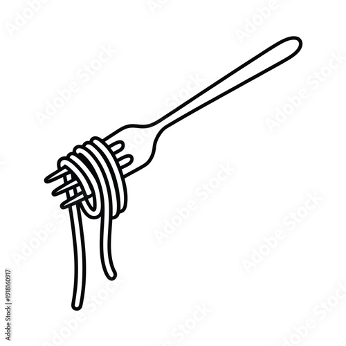 A simple black and white illustration of spaghetti on a fork