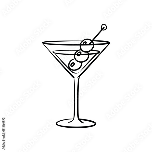 A simple black and white line drawing of a martini glass with olives