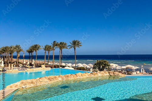 Landscape with swimming pools in Makadi Bay resort, Hurghada, Egypt