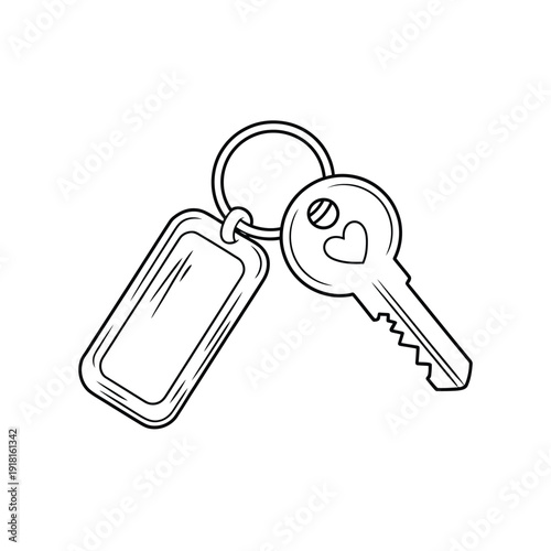 Simple line drawing of keys one heart shaped on a keyring