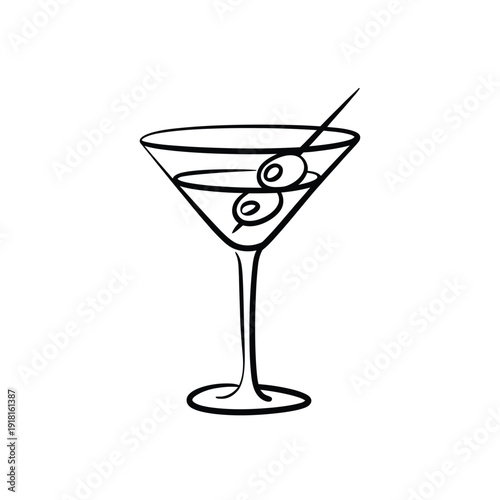 Simple black and white line drawing of a martini glass with olives
