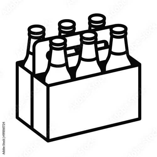 A black and white illustration of a six pack of bottled beverages