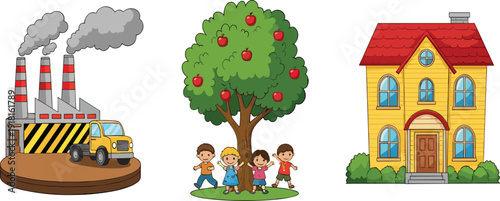 Industrial factory pollution contrasted with healthy environment children playing tree and eco friendly residential house vector illustration