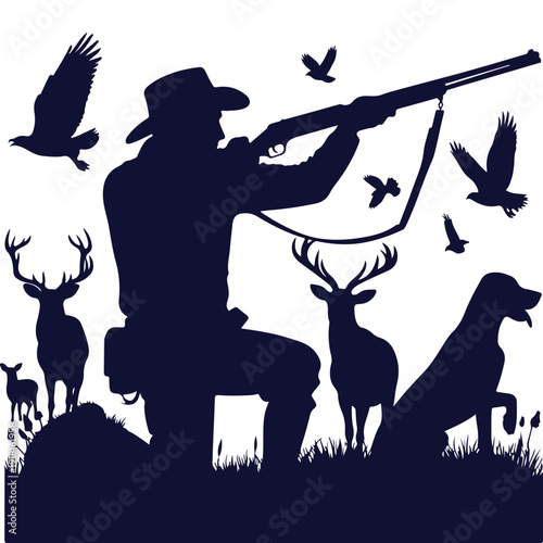 Outdoor hunting scene silhouette featuring a hunter with a rifle, hunting dog, and deer in the wild.