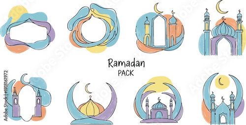 Colorful abstract ramadan icon set featuring crescent moons mosque silhouettes vibrant shapes decorative elements festive islamic celebration themed vector art design