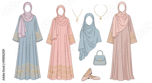 Muslim woman fashion illustration with hijab and accessories.