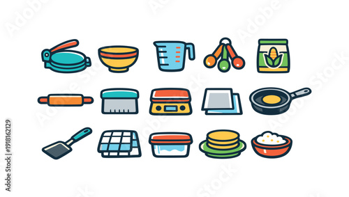 Home tortilla making tools: tortilla press, mixing bowl, measuring cup, measuring spoon, masa flour bag, rolling pin, dough cutter, kitchen scale