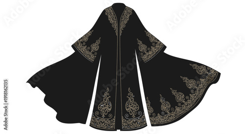Luxurious black cape with intricate gold embroidery and ornate design.