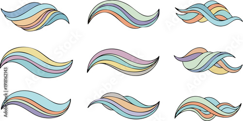 Colorful pastel wave shapes set including nine different flowing abstract lines with soft blue purple peach and yellow tones in vector style design