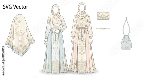 Elegant Muslim Women Outfits with Accessories Illustration.