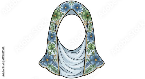 Floral Hijab Illustration with Blue Flowers and Green Leaves.