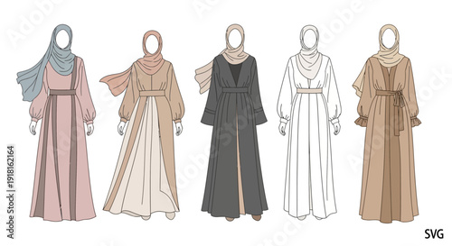 Collection of traditional Islamic women's clothing and hijab designs.