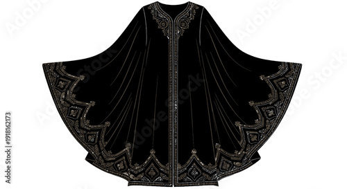 Black velvet cloak with intricate gold embroidery and ornate design.