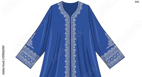 Royal blue embroidered long sleeve tunic with intricate silver designs.