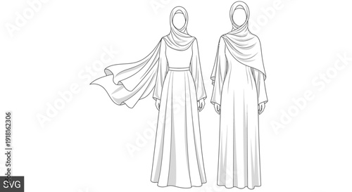 Two women wearing traditional Islamic clothing and hijab, simple line art illustration.