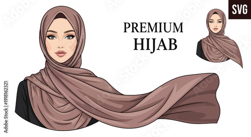 Illustration of a woman wearing a hijab with flowing fabric and a smaller inset image.