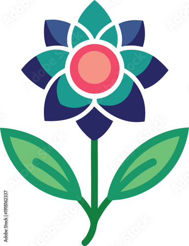 A colorful flower with green leaves and a pink center