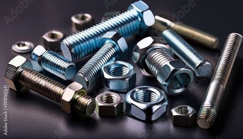 close up view of metallic fasteners showcasing various sizes and types of bolts and nuts arranged on a dark surface