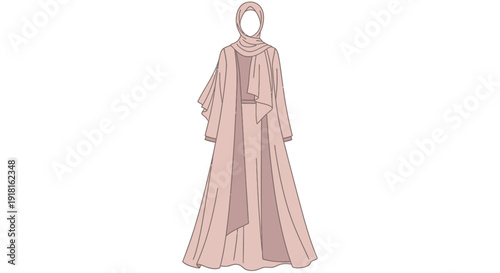 Simple line drawing of a woman wearing a long pink Islamic dress and headscarf.