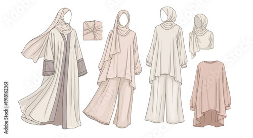 Collection of traditional Islamic clothing for women including abayas and hijabs in various styles and shades of beige.