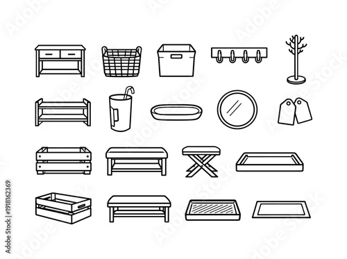 Home hallway storage organizers: console table, storage basket, fabric bin, wall hook, coat rack, shoe rack, umbrella stand, key tray, mirror, label