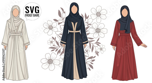 Diverse Muslim Women's Abayas Fashion Illustration Set.