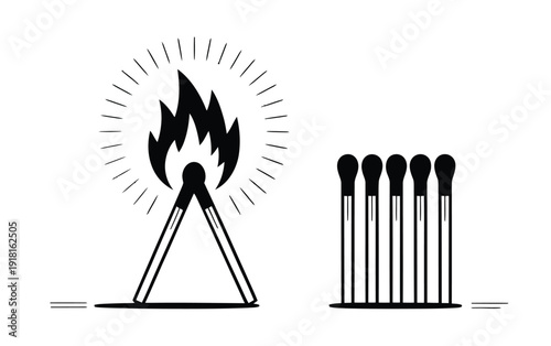 Vector illustration of lit matchsticks, with bright flames on white background, ideal for fire safety, ignition concepts, energy icons, caution symbols, and creative design projects